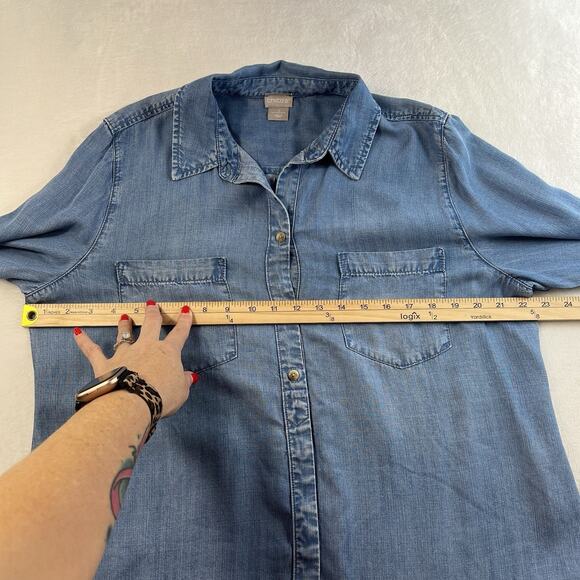 Chico's 2 US L 12/14 Denim Half Placket Shirt Long Sleeve Tencel Chambray Blue - Picture 11 of 15